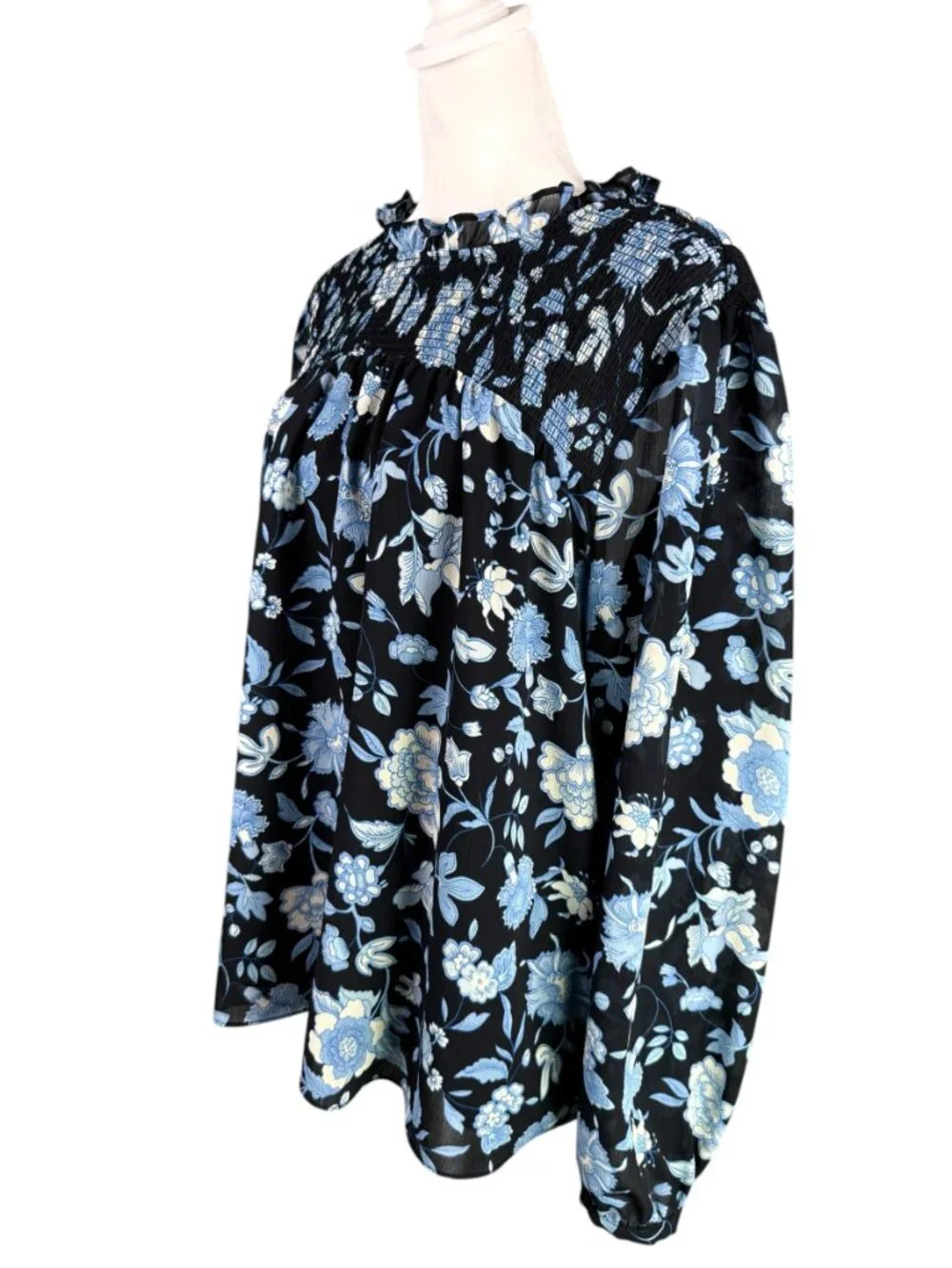 J Crew 3X Smocked Ruffle Neck Chiffon Popover Top Midnight Blue Floral Blouse - Picture 3 of 14